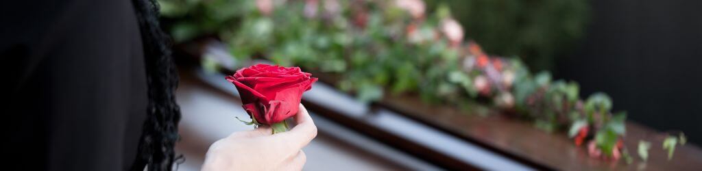 person holding a red flower at a funeral