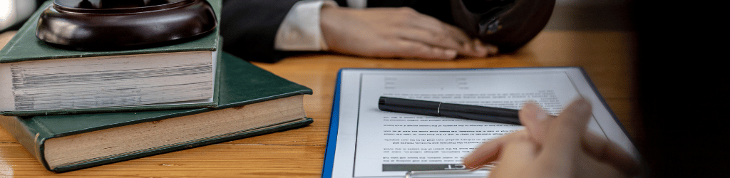 Lawyer going over legal process with client, in office
